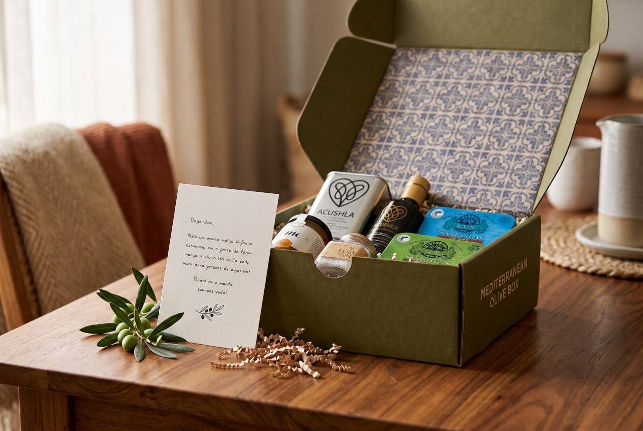 Geöffnete Olive Box mit handgeschriebener Karte, Olivenzweig und Produkten auf einem Esstisch aus Holz