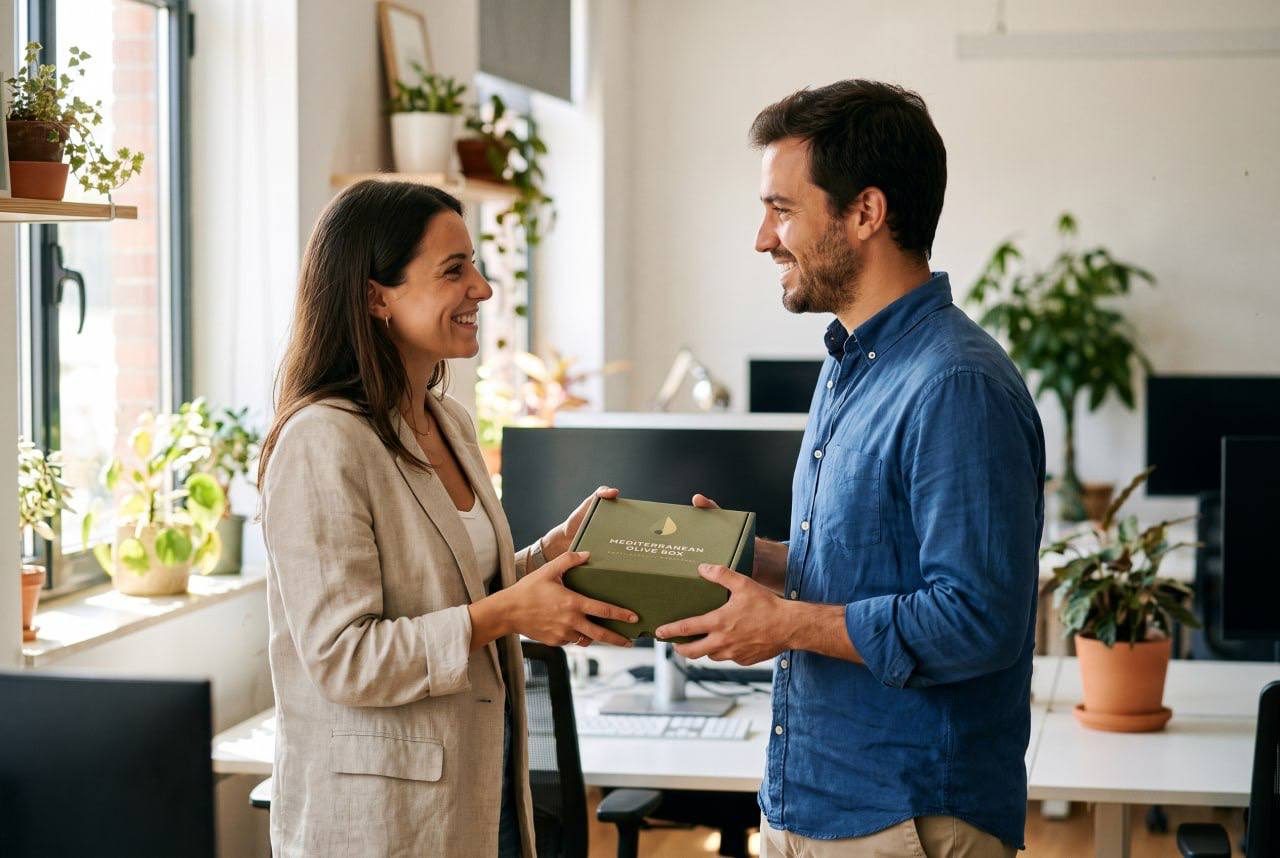 Zwei Kolleginnen und Kollegen überreichen sich im hellen Büro lächelnd die Mediterranean Olive Box