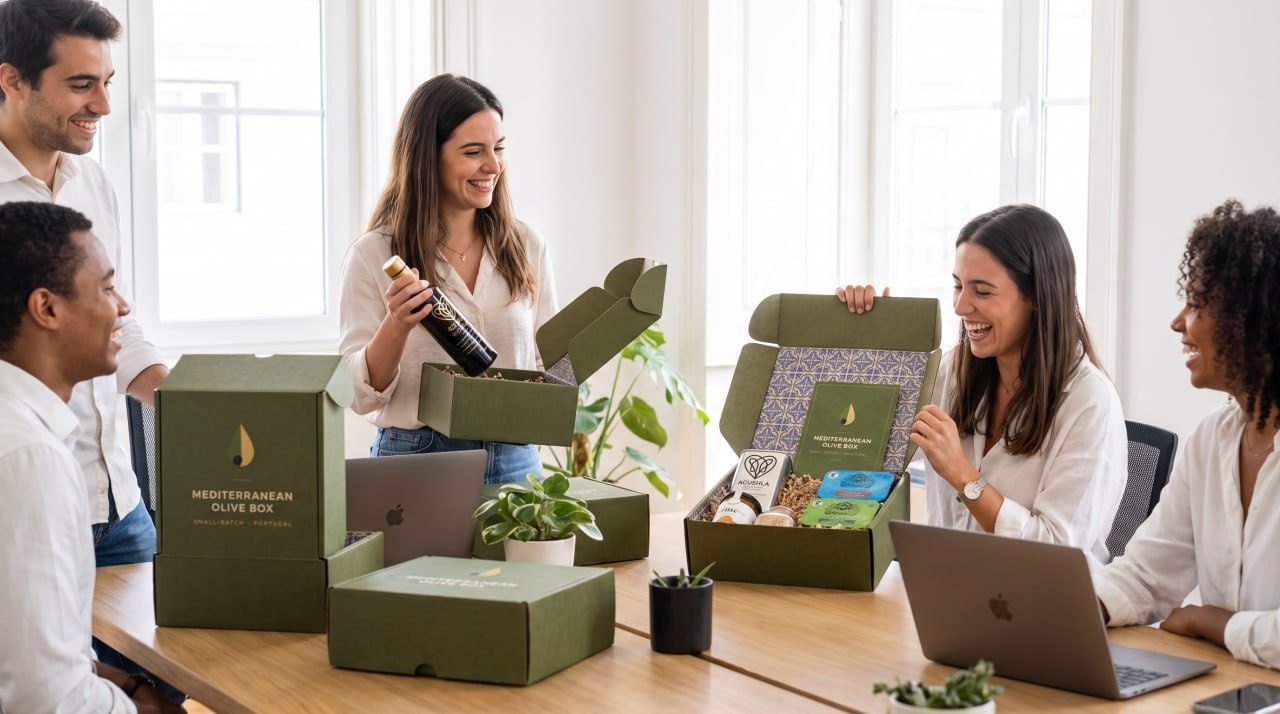 Vierköpfiges Team packt im Besprechungsraum gemeinsam mehrere Olive Boxes aus und freut sich
